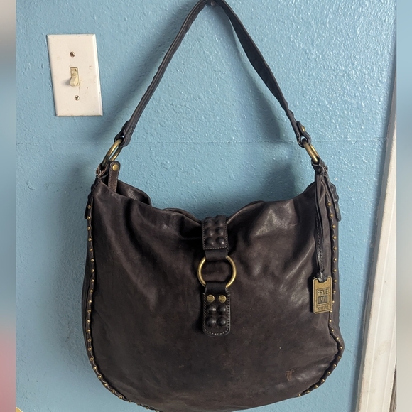 FRYE Dark Brown Leather Hobo Bag with Brass Accents - Picture 1 of 6